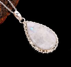 Silver Plated Brass Pendant Necklace with Rainbow Moonstone Gift Jewelry